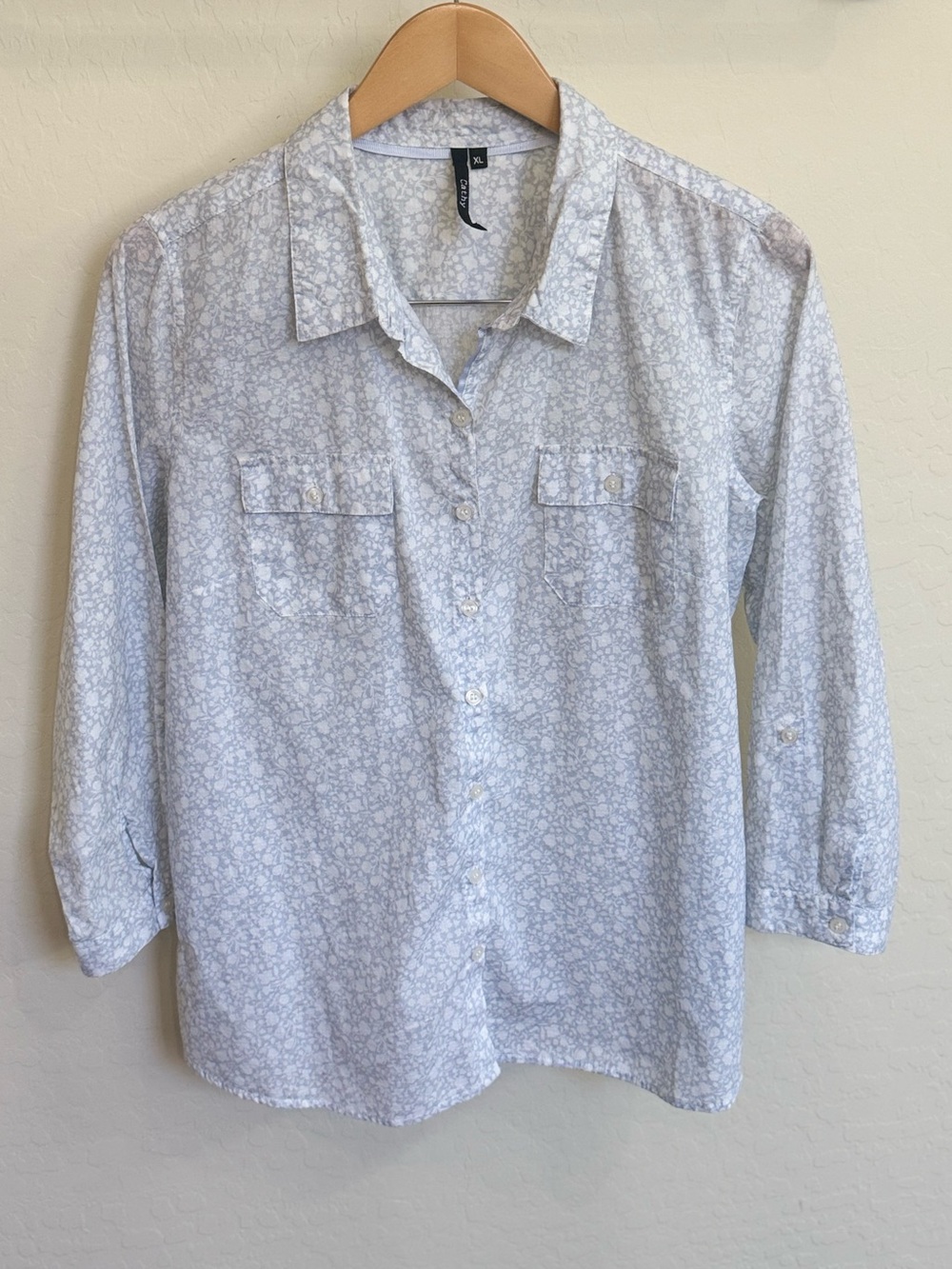 Cathy Women's Boho Ditsy Floral Utility Button Down Shirt Roll Tab 3/4 Sleeve XL